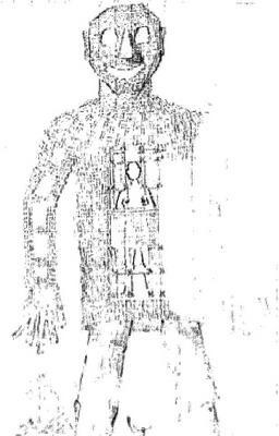 Concept sketch for The Wicker Man by art director Seamus Flannery. In this version the Wicker Man has large eyes and a broad grin.