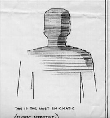 Another concept sketch of the Wicker Man, but in this version the face is blank and writing says 'This is the most enigmatic (cost effective)'