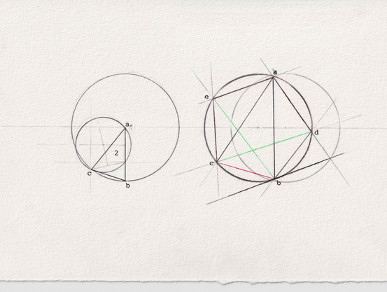 A rendering negotiated from book IV proposition 11 of Elements (1482 print-edition).

Two circles arranged side by side; the one on the left cleanly redemonstrates prop 10, and the one on the right, after some scrutiny, apparently has an equilateral & equiangular pentagon inscribed within it amidst a bevy of straight intersecting lines.

There is also a third circle being partially eclipsed by the second but it may safely be ignored for the sake of this demonstration and for all other reasons excepting composition.