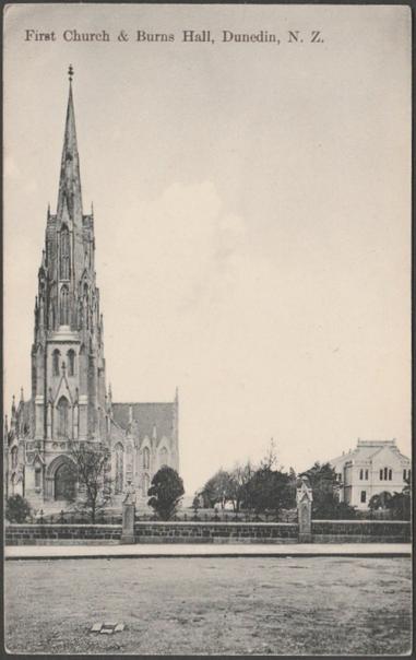 Printed monochrome postcard showing a view of the First Church of Otago and Burns Hall in Dunedin, New Zealand.

Published by the London Bookstall, Dunedin & Queenstown, Gold Medal Series, No 932, c.1910.

Postally unused.

Good condition, with slight corner bumps.