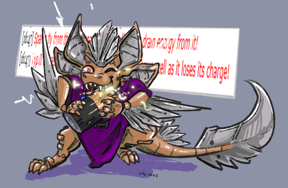 digital art by me of an avali, which is a winged raptoral alien with four foxy ears... except this one is made as a shiny robot with metal feathers. it's gnawing excitedly on a power cell that's emitting sparks everywhere.