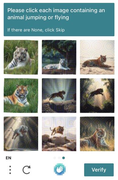 The last captcha prompt in the questionnaire, once again asking the user to look for some flyin’ animals and there are a few of the tigers there for sure