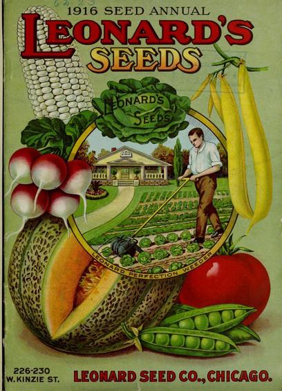 The image is a vintage seed annual advertisement for Leonard's Seeds, dated 1916. The background is a light green color, and the title "1916 SEED ANNUAL" is prominently displayed at the top in bold red and yellow letters. Below the title, "LEONARD'S SEEDS" is written in large red letters. The central illustration features a man in a white shirt and brown pants, tilling a garden with a hoe. He is surrounded by various vegetables, including a cantaloupe, radishes, a tomato, peas, corn, and yellow beans. The cantaloupe is cut open, revealing its orange flesh, and the radishes are red with white tips. The tomato is a vibrant red, and the peas are green and plump. The man is working in a garden with rows of lettuce, and a house with a porch is visible in the background. The text "LEONARD'S PERFECTION WEEDER" is written around the circular illustration. At the bottom, the address "226-230 W. KINZIE ST." and "LEONARD SEED CO., CHICAGO" are printed in red letters. The overall design is colorful and detailed, typical of early 20th-century seed catalogs.

Provided by @altbot, generated privately and locally using Ovis2-8B