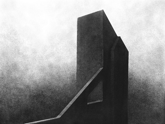 a black and white drawing made with MsPaint depicting a brutalist building in the fog