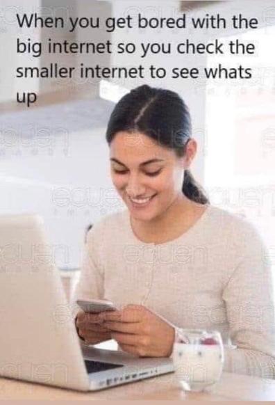 A person sits in front of an opened laptop, looking at the mobile phone in their hands. The person smiles happily. 
Text above the picture: When you get bored with the big internet so you check the
smaller internet to see whats up