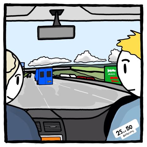 Pictured travelling home in car behind metallic blue van that’s now become a game of blue car spotting. Traffic on motorway with distant hills and a bridge under white fluffy clouds