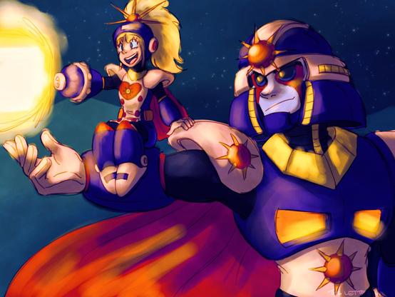 Roll delightedly sitting on Sunstar's outstretched forearm. She's in her battle uniform which has colours matching his and firing a laser half as tall as she is. Sunstar looks relatively amused by this.