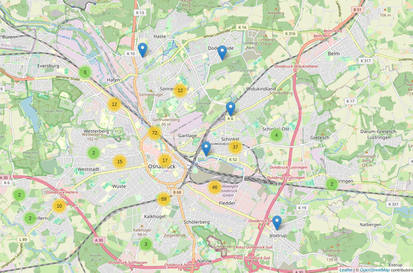 Bild zeigt Screenshot einer Karte von Osnabrück mit der Anzahl von Meldungen auf weg.li im April 2025