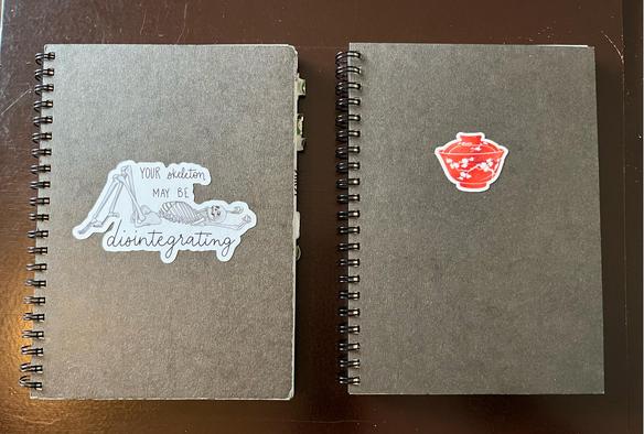 Two ring bound dark grey MUJI journals on a painted brown surface. The left one has a reclining skeleton sticker that reads, “your skeleton may be disintegrating” and the right one has a small red ramen bowl with lid sticker with a sakura design on it.