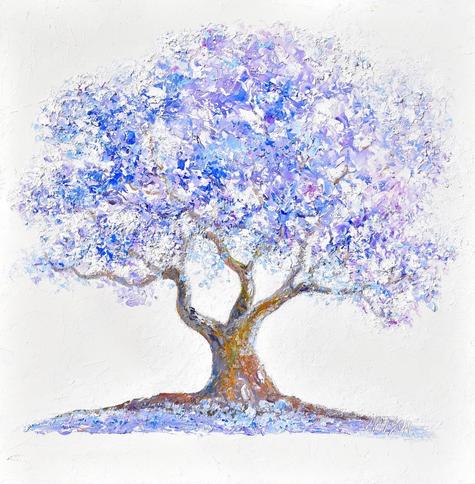 A thickly textured oil painting of a majestic old Jacaranda tree with  vibrant blue and purple blossom, giving it a dreamy, ethereal appearance. The white background highlights the tree's vivid hues and intricate details.