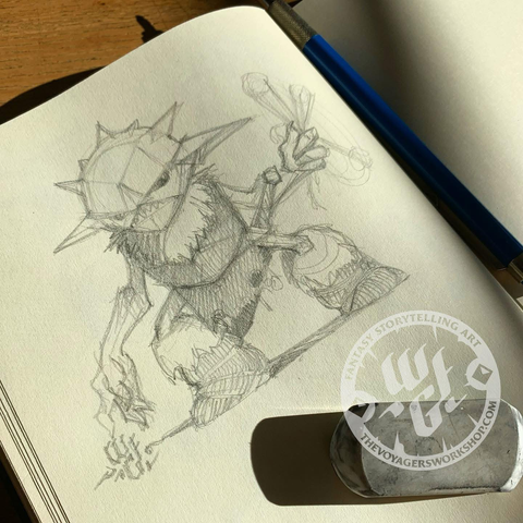 Rough pencil sketch of goblinoid creature wielding a sling.