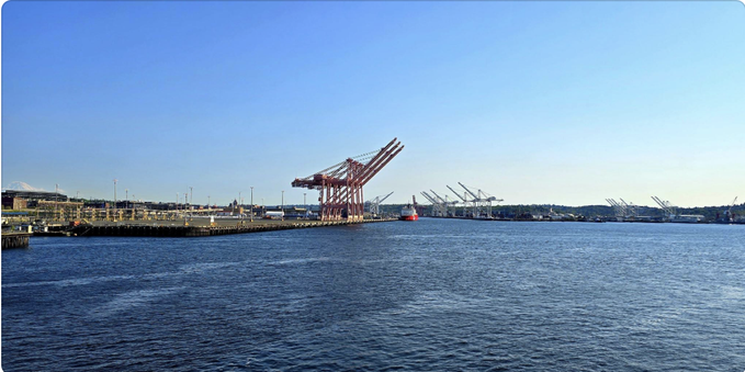 A photo of Seattle harbor this week showing how eerily empty it is of ships, shared by Ellie Leonard