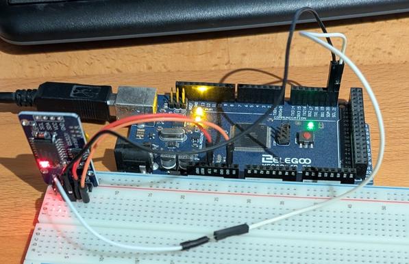 An arduino mega compatible board (Elegoo mega2560 R3) connected to an rtc module on a bread board