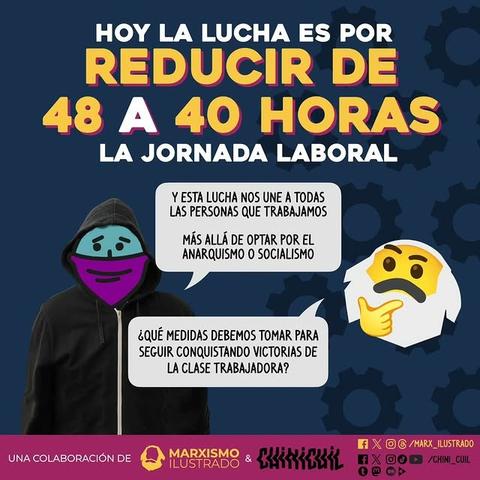 Un gráfico con fondo azul oscuro promueve la reducción de la jornada laboral de 48 a 40 horas. Se muestran dos personajes de caricatura: uno con máscara y sudadera, y otro con barba y gesto pensativo.  Textos en español destacan la unidad de los trabajadores en esta lucha, independientemente de sus ideologías políticas, y plantean la pregunta sobre qué medidas tomar para seguir conquistando victorias para la clase trabajadora. Al final, se indica que es una colaboración entre Marxismo Ilustrado y Chini_Cuil, con enlaces a sus redes sociales.