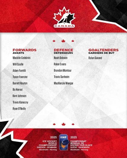 Ryker Evans and Brandon Montour Named For Team Canada at IIHF Men’s Worlds!