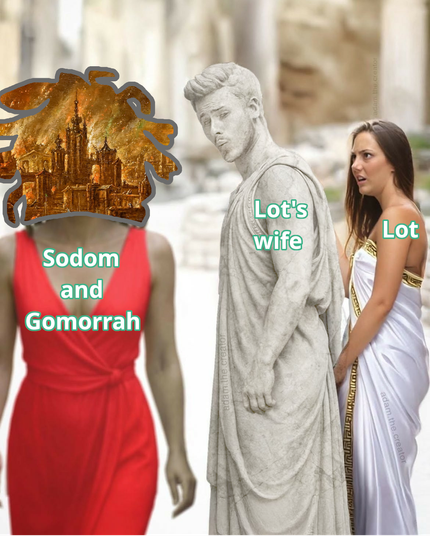 An image depicting a woman representing the cities of Sodom and Gomorrah, walking away from a couple. he, Lot's wife, looks at the cities in admiration, while she, Lot, looks at him in annoyance.