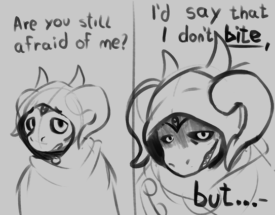 Baldur's Gate 3 Dark Urge fanart: In the first picture a hooded dragonborn is looking at the viewer with a meek expression, the text above her reads "Are you still afraid of me?". On the following panel, the dragonborn has lowered their gaze, looking menacing and deranged as her hood casts a shadow upon her down-turned, grinning face. "I'd say that I don't bite, but..."