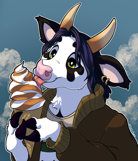 An anthro cow eating a mango vanilla swirl ice cream