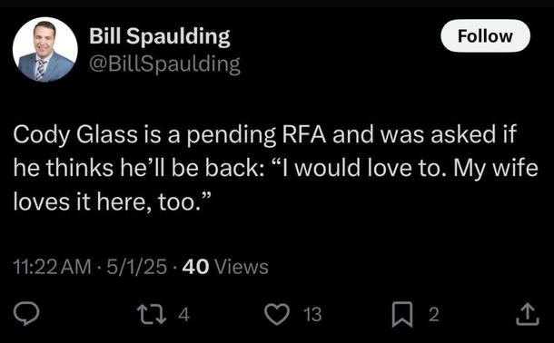 [Spaulding] Cody Glass is a pending RFA and was asked if he thinks he’ll be back: “I would love to. My wife loves it here, too”