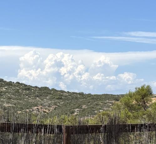 Clouds that look like whipped cream appear to rise from behind the crest of a distant hill.