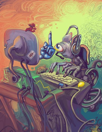 single-eyed imp type creature uses a computer-like machine, while a monstrous blue hand extends from the computer's screen to present a middle-fingered gesture that is considered rude.  the computer's peripheral devices include a lemon and a small armadillo.