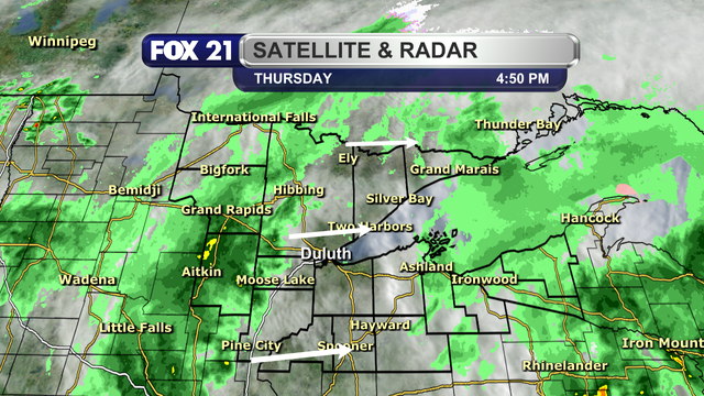 A view of the radar over the Northland at 4:50 p.m. on Thursday, May 1, 2025, shows an line of showers over the western counties, with showers in the Arrowhead and Upper Peninsula regions moving out to the east/northeast.  The line of showers in the Iron Range and I-35 corridor will move to the east throughout the evening.