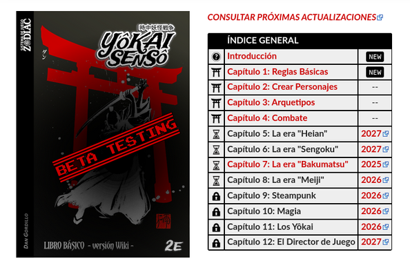 Captura de pantalla de la Wiki BETA de Yôkai Sensô 2E con el índice general: la introducción y el capítulo 1 marcan cambios nuevos, los capítulos del 5 al 12 marcan el año planificado para actualizar sus contenidos.