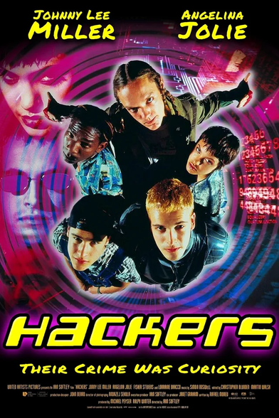 The movie poster for "Hackers", radiating pink and blue concentric circles surround some of the cast all looking up at the camera, with faded photos in the background and text around.