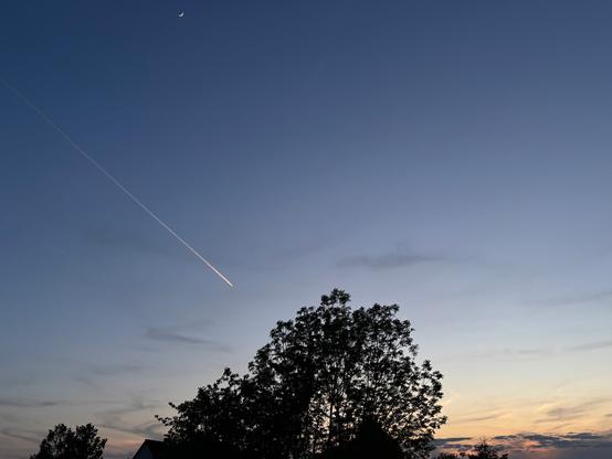 Mittig am unteren Bildrand ragt eine große  Baumkrone als Silhouette ins Bild. Im Hintergrund der nur rechts im Bild hauchzart bewölkte Himmel. Im Übergang vom Tag zur Nacht geht der Himmel von zarten Farben in nachtblau über von unten nach oben. Die Sonne ist nicht mehr zu sehen und wirft ein allerletztes Licht in verschiedenen pastellfarbenen Tönen über den gesamten Himmel. Über der Baumkrone zieht von oben links in die Mitte ein Kondensstreifen. Darüber am oberen Bildrand etwas links die kleine Sichel des Mondes.