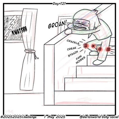 Drawing of Darlo hobbling down some stairs. His knees are in clear pain and he is groaning. Outside the window there is a heavy downpour, with lightning.