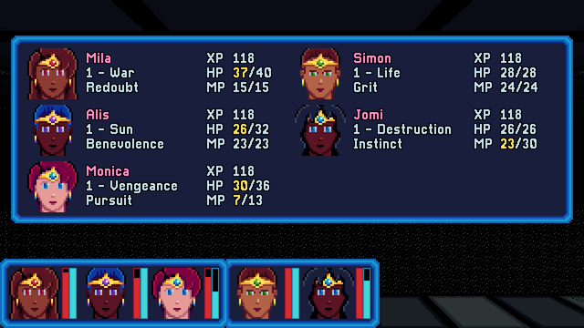 Blue GUI panel showing five character portraits, each with name, class, level, secondary skill, XP to next level, HP, and MP, such as:
Mila, 1 War, Redoubt
XP 118, HP 37/40, MP 15/15