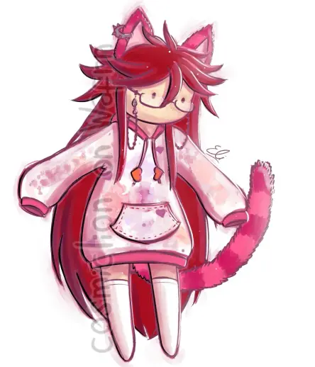 Digital fully rendered illustration of a plushie of Grell Sutcliff from Black Butler (in her Cheshire Cat form from the Ciel In Wonderland OVA). She is wearing an oversized white hoodie with pink seams and a pattern of light pink and orange paint splatter, white stockings and a piercing in her right ear. The background is white.