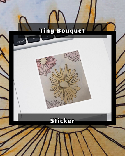 A stunning work of watercolor and ink flowers of various colors surrounded by white. On a sticker.