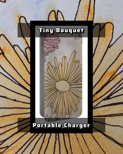 A stunning work of watercolor and ink flowers of various colors surrounded by white. On a portable charger.