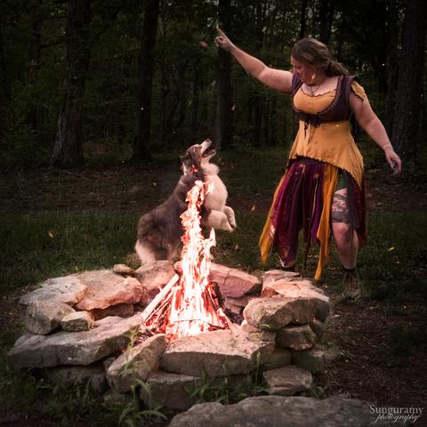A photograph in the evening of a campfire in a stone ring flaring up. A white and brown australian shepherd dog leaps up behind it, but perspective makes it look like she is leaping up from the flames. Person on the right is dressed in a purple bodice, yellow shirt, and purple & yellow fairy type skirt.