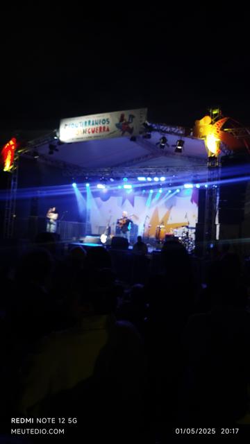 Foto sem foco do palco com cantor segurando violão.