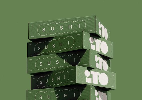 A stack of green sushi boxes with bold white lettering and geometric patterns, set against a matching green background.