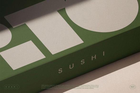 Green and beige minimalist packaging with the word "SUSHI" printed in white letters; geometric shapes create a modern design.