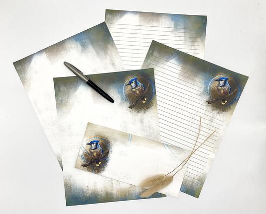 Product image of multiple sheets of stationery papers featuring an illustrated blue jay.