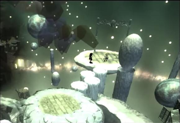 Screenshot from the original Final Fantasy VII during the "lifestream" sequence. It's a spacey, surreal world of floating rocks and partially-constructed memories with a dimensional scar in the background. There's one (blocky 3D) character standing on a floating platform with cobblestone, which another character exists in two places onscreen - once as a child and once in the sky, close to the camera, as a transparent adult writhing in agony