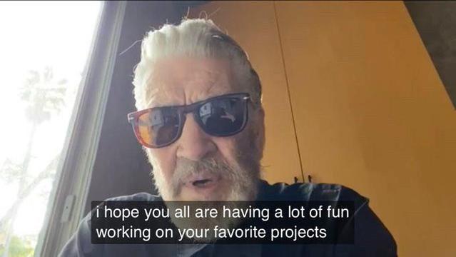 Selfie of David Lynch wearing sunglasses saying "I hope you all are having a lot of fun working on your favorite projects"