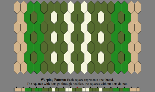 An Inkle weaving diagram and warping pattern in the color sequence listed in the text description: The warping pattern is a line of colored boxes with small dots above every other one, above which it states: "Warping Pattern: Each square represents one thread. The squares with dots go through heddles, the squares without dots do not." The weaving diagram is a series of tessellated lozenge shaped tiles illustrating how the pattern will appear when woven.
