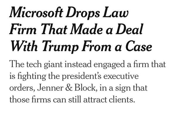 Simpson Thacher reached a deal with the White House last month in which the firm committed to perform $125 million in free legal work for causes acceptable to the Trump administration. In a joint statement with other firms making similar agreements, Simpson Thacher said the pro bono work would be on behalf of “a wide range of underserved populations.”

On the same day that the Simpson Thacher lawyers filed paperwork withdrawing from the Microsoft case, at least three partners at the firm Jenner & Block informed the court that they would be representing Microsoft in the case. Jenner is fighting in court to permanently block a Trump administration executive order targeting its business.