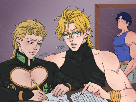 Giorno writes something on a sheet of paper under Dio's supervision. Dio wears glasses. Jonathan appears behind an open door in the background and watches them in the distance.