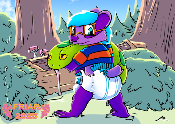 Illustration of Everett the diapered badger carrying his snake plushie in the forest, with a hollowed out log with mushrooms visible in the background.
