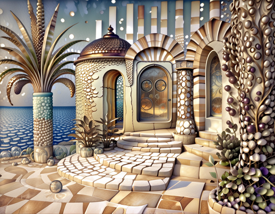 Seaside fantasy dreamscape, of a surreal, whimsical palace with curved stairs, mosaic tiles, domed towers, and pearlescent plant forms.