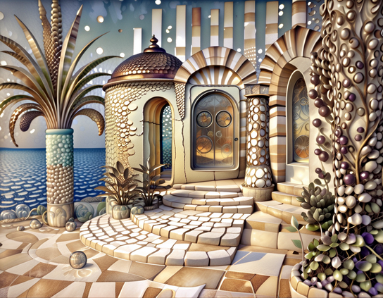 Seaside fantasy dreamscape, of a surreal, whimsical palace with curved stairs, mosaic tiles, domed towers, and pearlescent plant forms.