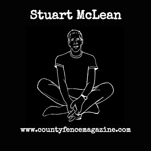Title card with a white on black line drawing of Stuart McLean.