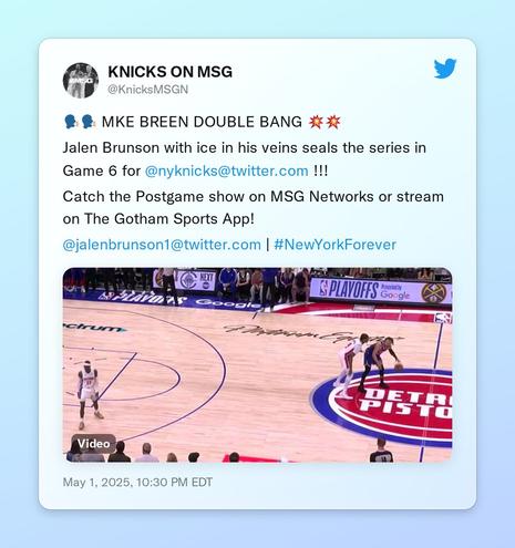 🗣️🗣️ MKE BREEN DOUBLE BANG 💥💥

Jalen Brunson with ice in his veins seals the series in Game 6 for @nyknicks !!!

Catch the Postgame show on MSG Networks or stream on The Gotham Sports App! 

@jalenbrunson1 | #NewYorkForever https://t.co/gKTMPX1EK5