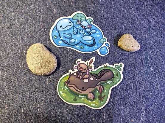 Two stickers of Quagsire and Clodsire relaxing in a pond with a wooper.
